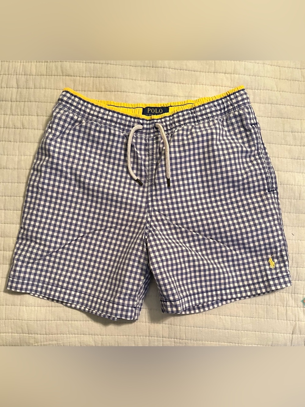 Polo by Ralph Lauren Navy and White Gingham Swim Trunks with Yellow Waistband